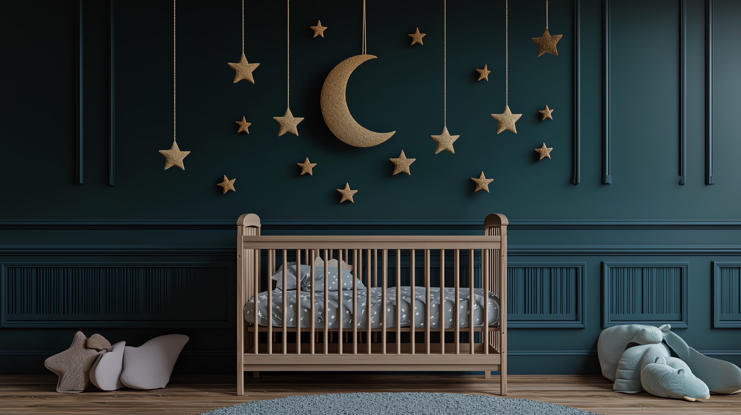 Calm nursery with crib and moon and stars decor symbolizing infant sleep and healthy bedtime routines